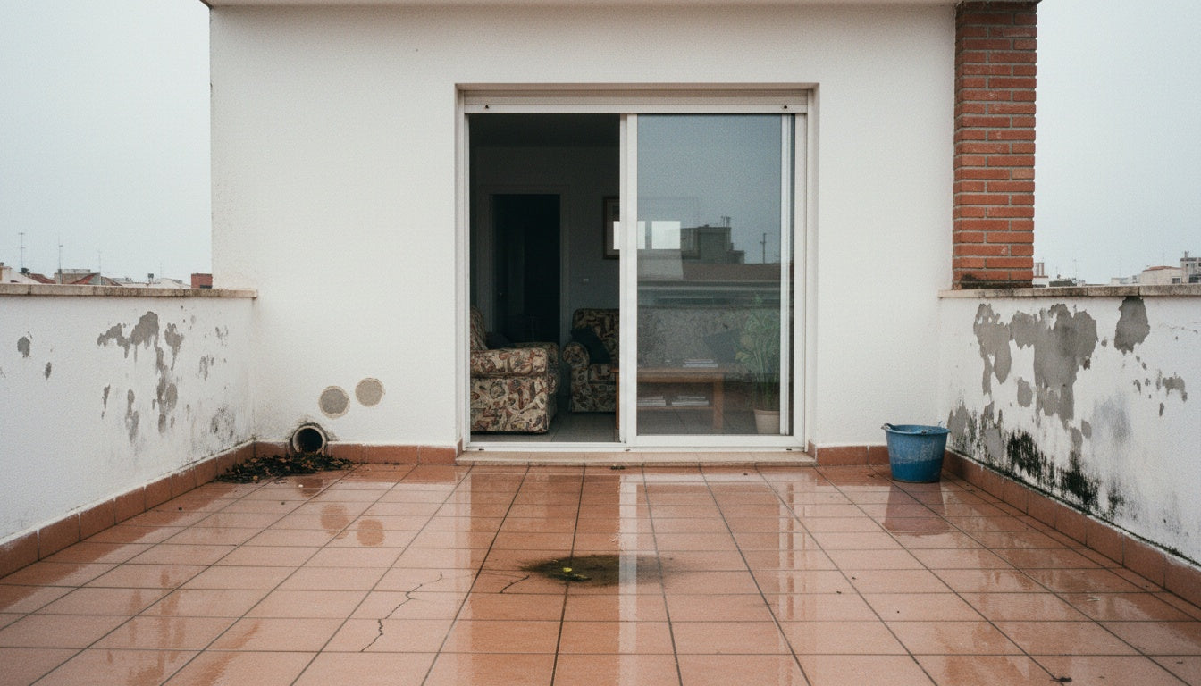 La terraza de Antonio tras el último temporal, con agua acumulada
