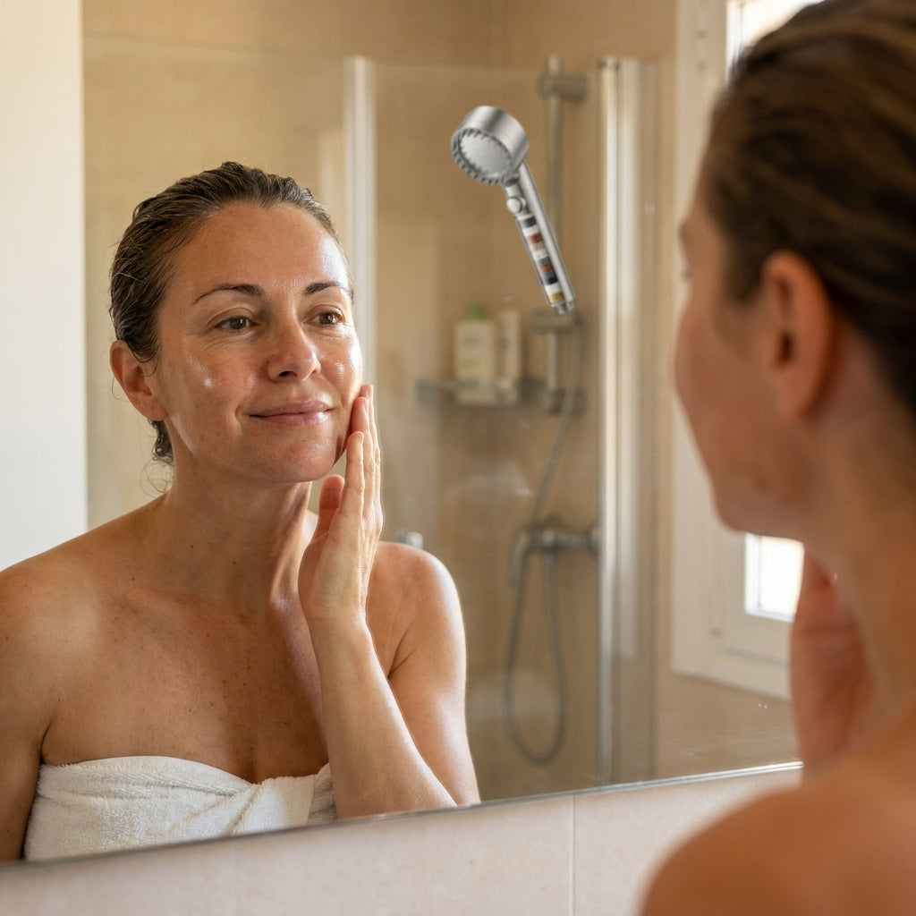 Mujer de 40 años con piel sana y pelo hidratado tras la ducha